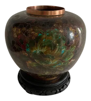 Vintage Chinese Cloisonne Ginger Jar with Flowers and Gold Enamel Brass