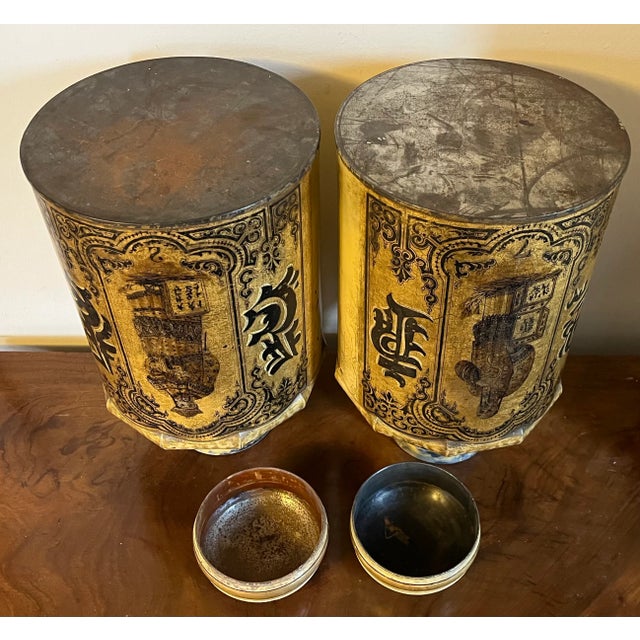 Large Antique 19th Century English Regency Chinoiserie Tole Tea Caddy Canisters in Yellow - a Pair For Sale - Image 12 of 12