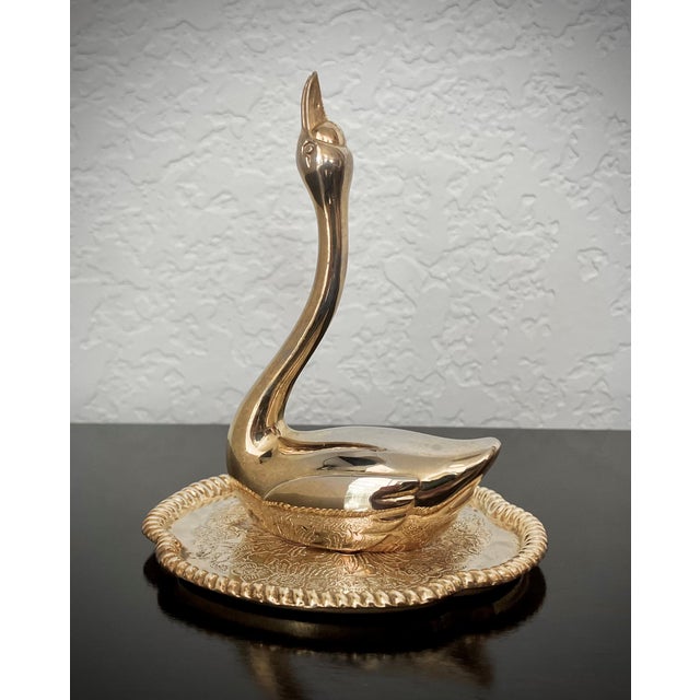 Diminutive Mid 20th-Century Brass Swan on a Dish Ring Holder, Hong Kong For Sale - Image 17 of 17