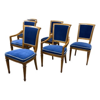 Heritage Neoclassical Blue Velvet Dining Chairs, Set of Six For Sale