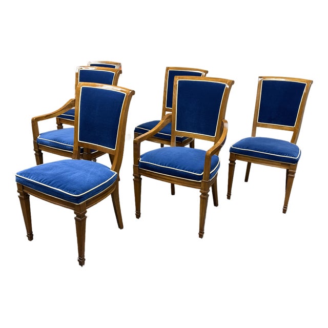 Heritage Neoclassical Blue Velvet Dining Chairs, Set of Six For Sale