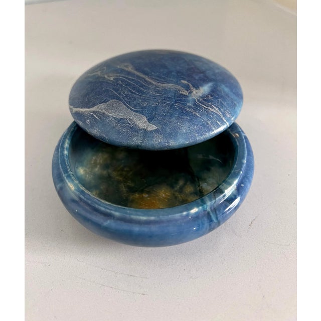 Blue Alabaster Box with Sliding Attached Round Lid For Sale - Image 4 of 6