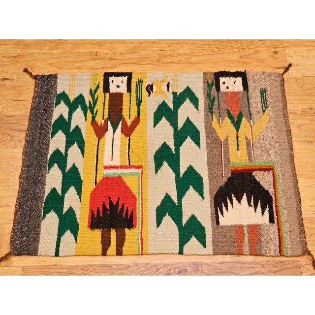 American Vintage Navajo Yei Rug, Handwoven Wool, Native American Deity Pictorial Pattern, 2x2 For Sale - Image 3 of 12
