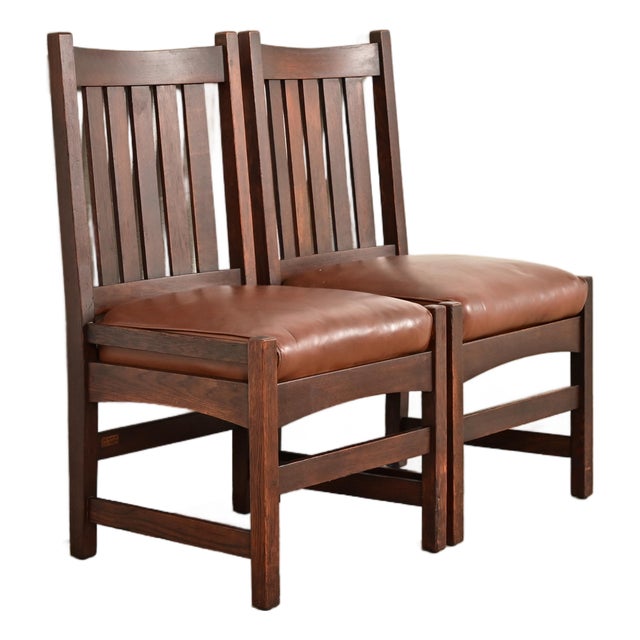L. & J. G. Stickley Antique Mission Oak Arts & Crafts Side Chairs or Dining Chairs, Pair For Sale