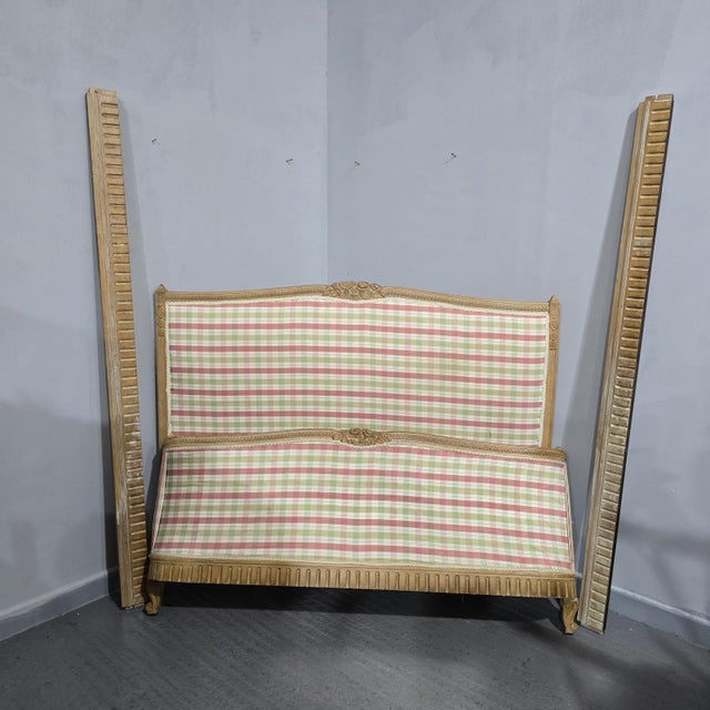 A very good French curved base double bed, checked fabric, in very good overall condition.