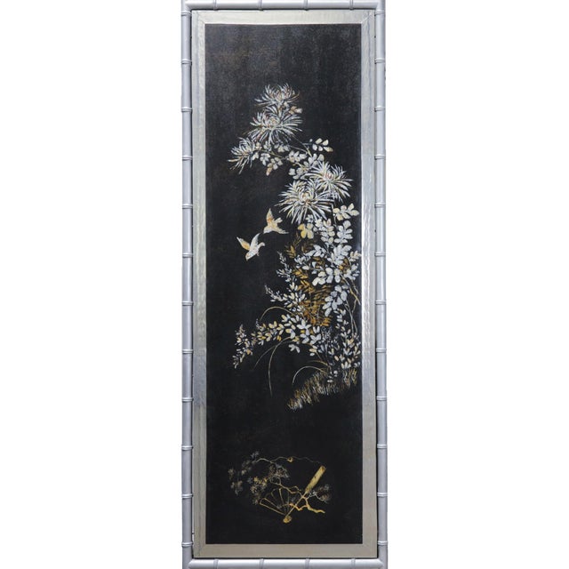 Vintage Chinoiserie Four-Panel Folding Screen – Hand-Painted Floral Motif With Silver Faux Bamboo Frame For Sale - Image 4 of 15