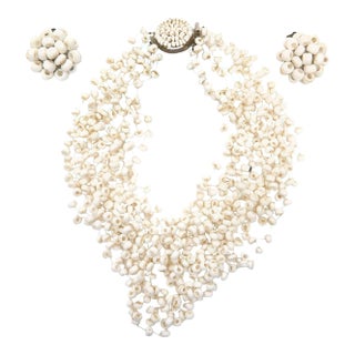 Vintage Anna Lang Langani Multi Strand White Beaded Necklace and Clip on Earrings - 3 Pieces 50's For Sale