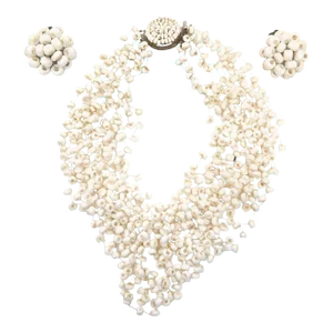 Vintage Anna Lang Langani Multi Strand White Beaded Necklace and Clip on Earrings - 3 Pieces 50's