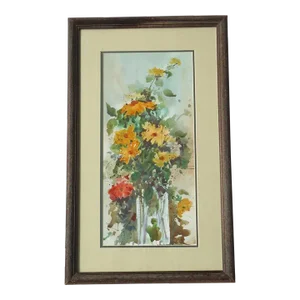 Mid Century Bohemian Floral Still Life Black Eyed Susan Original Watercolor Painting