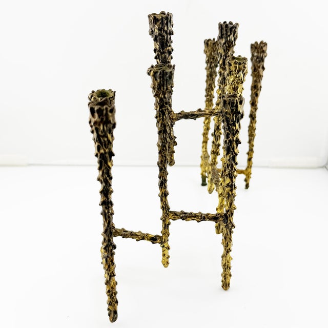 Gold Mid 20th Century Brutalist Nine-Light Candelabra Menorah With Sculptural Molten Gold Metal After Paul Evans For Sale - Image 8 of 8