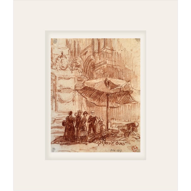 Early 1900's Antique French City Scene Drawing on Paper in Sepia Crayon, Signed by French Artist Maurice De Lambert With Mat For Sale