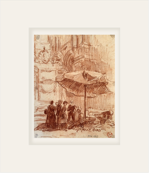 Early 1900's Antique French City Scene Drawing on Paper in Sepia Crayon, Signed by French Artist Maurice De Lambert With Mat