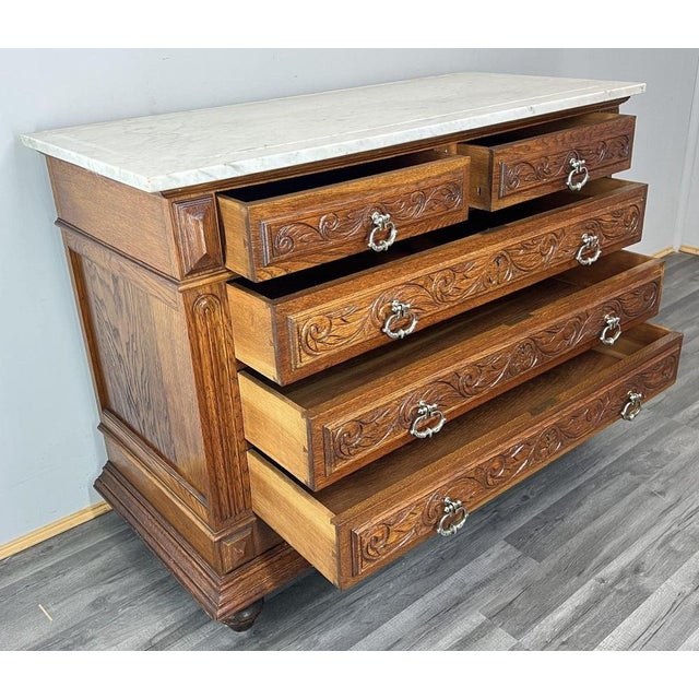 Antique French Style Carved Oak Chest of Drawers with Marble Top For Sale - Image 4 of 18