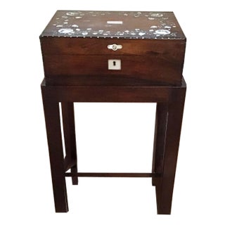 Late 19th Century Rose Wood Box With Inlaid Mother of Pearl Floral Motive on a Mahogany Handmade Four Leg Stand For Sale