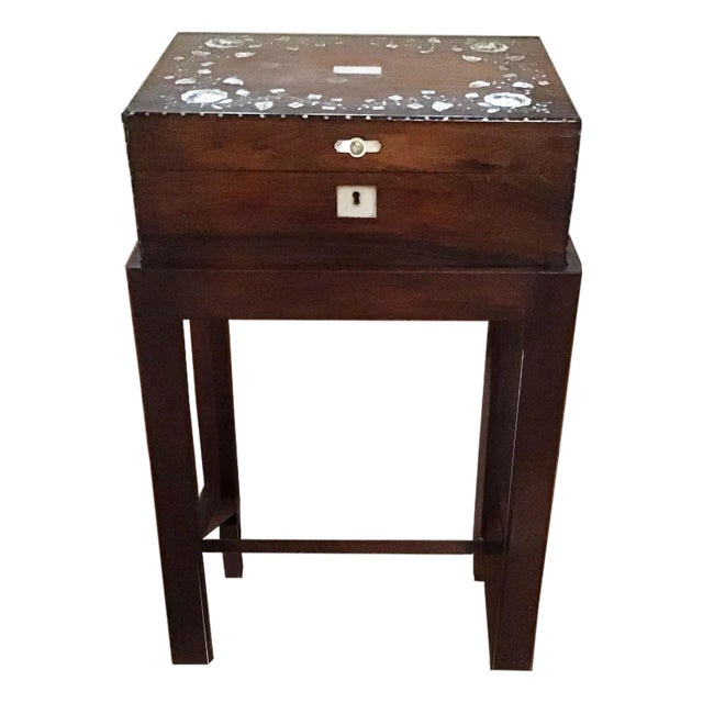 Late 19th Century Rose Wood Box With Inlaid Mother of Pearl Floral Motive on a Mahogany Handmade Four Leg Stand For Sale