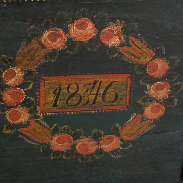 Original Hand Painted Teal Oak Dome Top Swedish Trunk Dated 1846 For Sale - Image 13 of 15