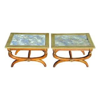 Pair of 19th Century Neoclassical Style Reverse Painted Glass Top Curule Base Cocktail/Side Tables For Sale