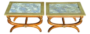 Pair of 19th Century Neoclassical Style Reverse Painted Glass Top Curule Base Cocktail/Side Tables