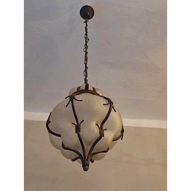 Venetian Murano Blown Frosted Glass Hall Lantern Pendant Light in Iron Frame, Italy, 1960s For Sale - Image 11 of 11