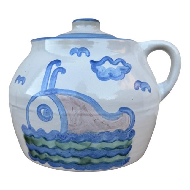 Vintage M.A. Hadley Hand Painted Bean Pot Cookie Jar With Whale Design For Sale