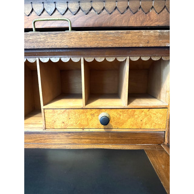 Antique Walnut Roll Top Desk, Many Drawers & Cubby Holes, Leather Mat For Sale - Image 9 of 12