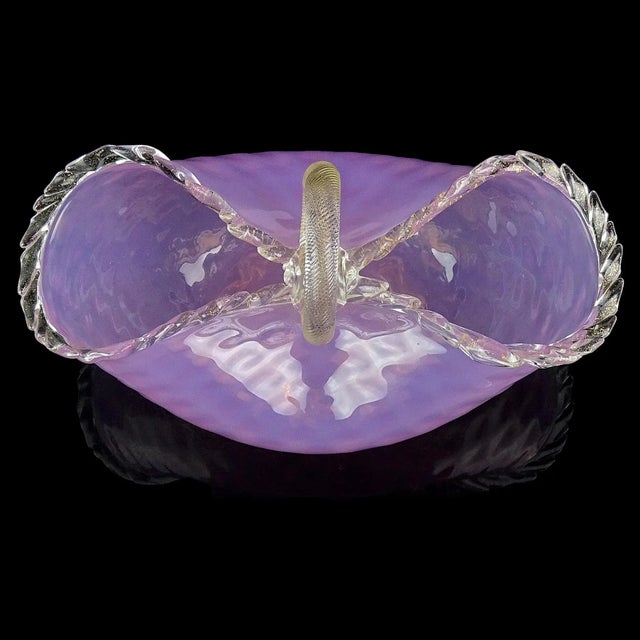 Pink Murano Large Pink Opalescent Gold Flecks Diamond Quilted Italian Art Glass Vintage Basket Flower Vase For Sale - Image 8 of 13