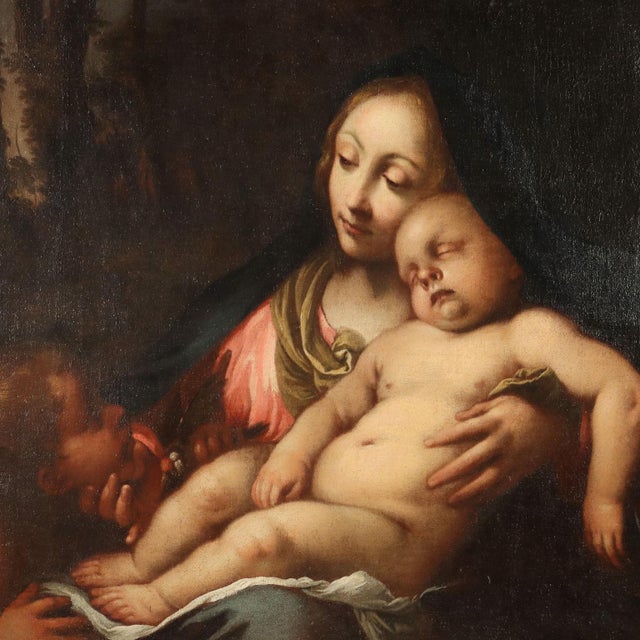 Virgin Mary with Child and Saint John, Oil on Canvas, 17th Century, Framed For Sale - Image 3 of 12