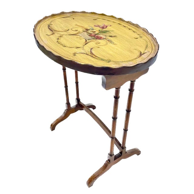 English Vintage Scalloped Floral Faux Bamboo Side Table For Sale - Image 3 of 9