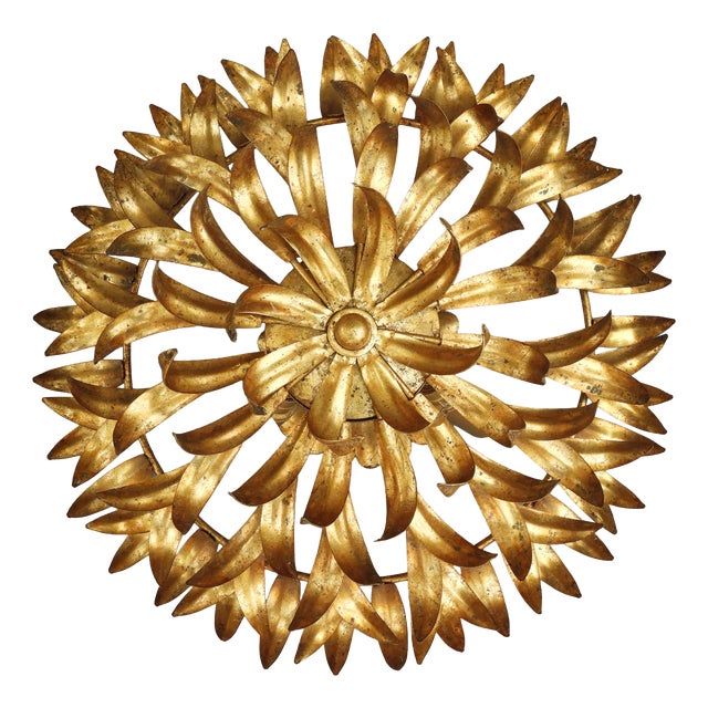 Mid-Century Modern Spanish Gilt Iron Foliage Flush Mount, 1950s For Sale