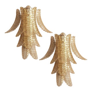 Pair of Gold Leaves Murano Glass Sconces For Sale