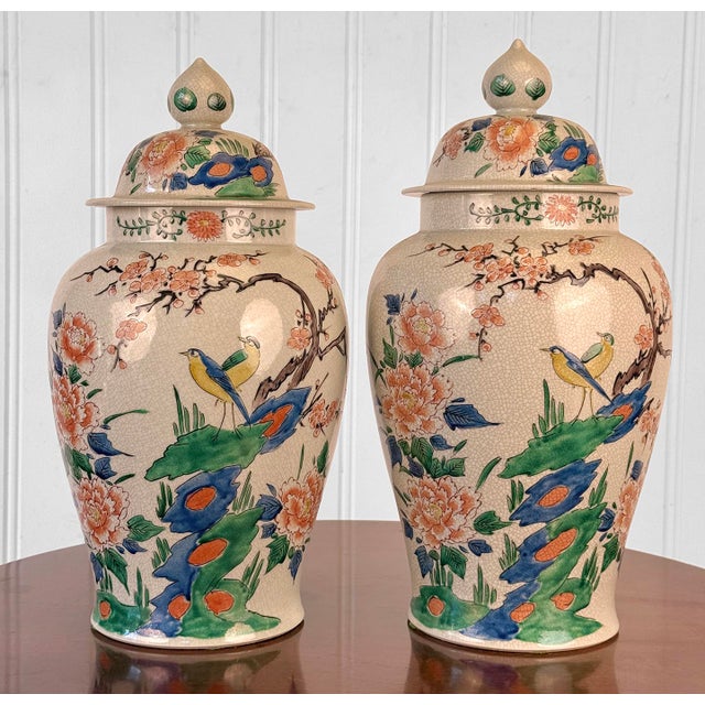 - Original 1970's Asian Chinoiserie Porcelain Urns - Attractive Ivory Crackled Finish Glazed - Hand Painted Cherry Blossom...