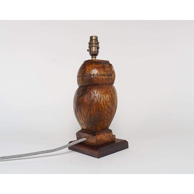 Mid-Century Modern Vintage English Carved Oak Owl Table Lamp, 1950s For Sale - Image 3 of 7