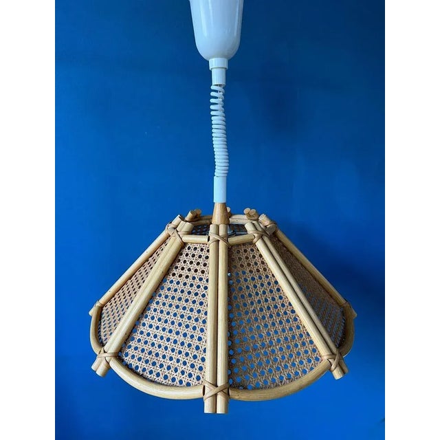 Wood Bamboo Rattan Pendant Lamp, 1970s For Sale - Image 7 of 11