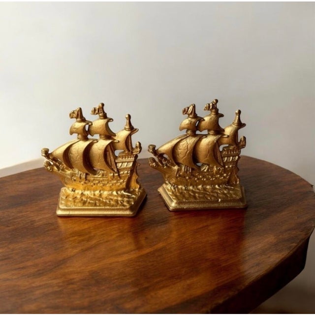 Antique Bronze Gilded Bookend Sailing Boat 1803 Galleon Time of Elizabeth Stamp For Sale - Image 4 of 10