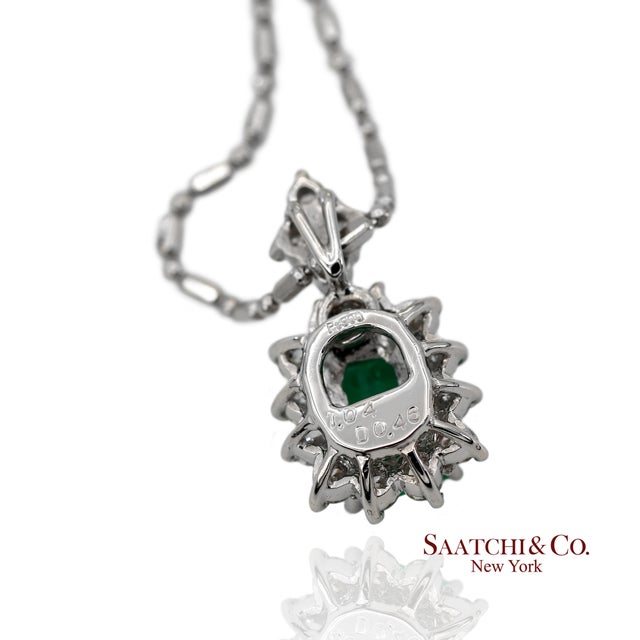 Gia Certified Platinum 900 Emerald & Diamond Pendant With Platinum 850 Chain For Sale In New York - Image 6 of 13