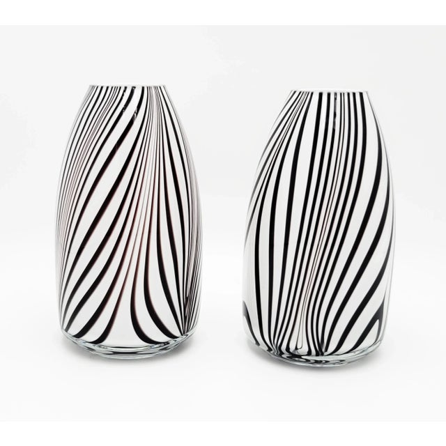 Set of 2 Vintage Modernist Abstract Murano Hand Blown Art Glass Cased Vases Measurements: 8" Tall x 4.5" Wide at Base 2"...