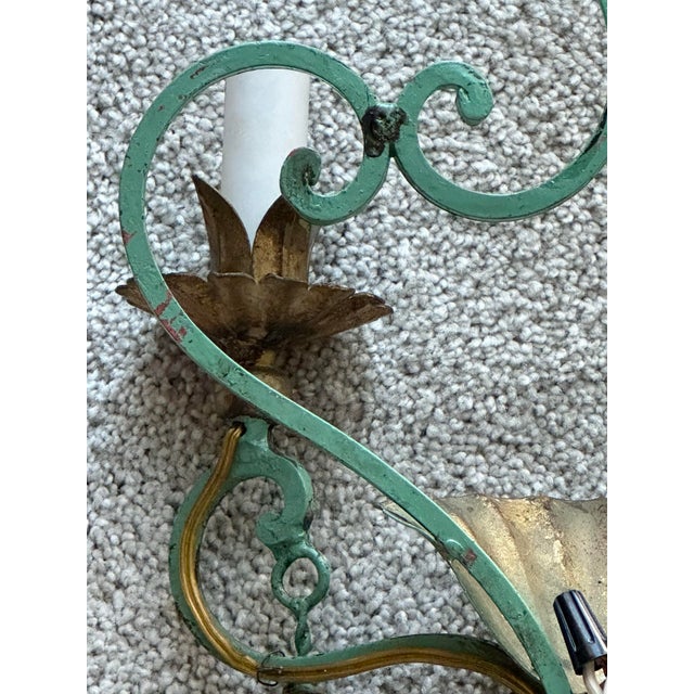 Single 2 Bulb Tole Toleware Italian Gilt and Verdigris Sconce , Italy For Sale - Image 11 of 11