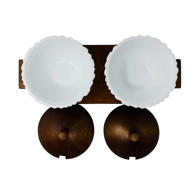 1960s Mid-Century Modern Basketweave Milk Glass & Hardwood Condiment Caddy - 5 Pieces For Sale - Image 5 of 13