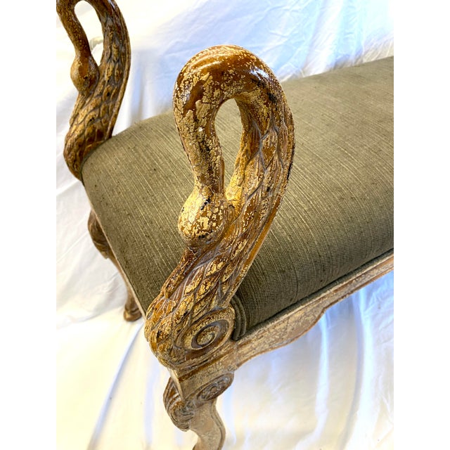 Extraordinary Carved Swan Framed Linen Bench For Sale - Image 4 of 12