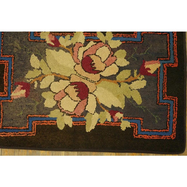 Adorable Brown Background Color Peculiar Flower Geometric Design Antique American Hooked Rug For Sale - Image 9 of 9