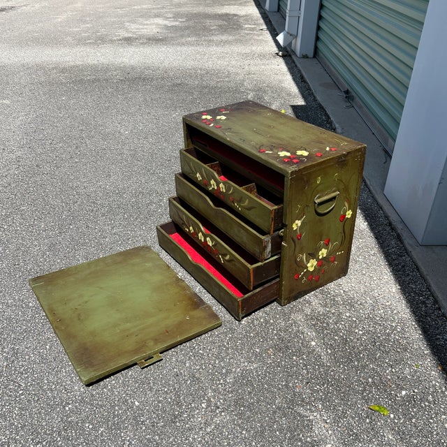 Early 20th Century Vintage Repurposed Metal & Wood Military Box - Green Floral Box of Drawers Signed For Sale - Image 5 of 11