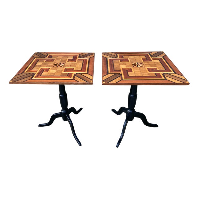 Antique Geometric Parquetry Inlay Top Side Tables, 1880, Set of 2 For Sale