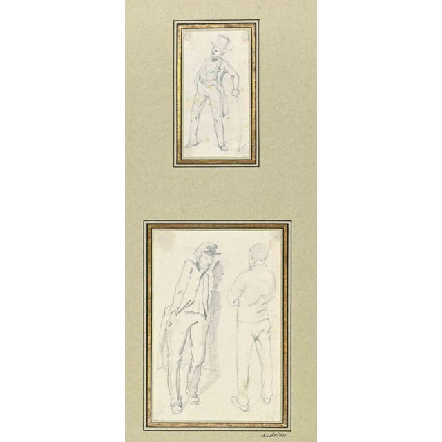 Figures is an Original Pencil Drawing realized by Pierre Andrieu (1821-1892). The two little artworks represents elegant...
