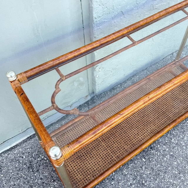 Hollywood Regency Palm Beach Chic Rattan Cane and Gold Console Table For Sale - Image 3 of 9
