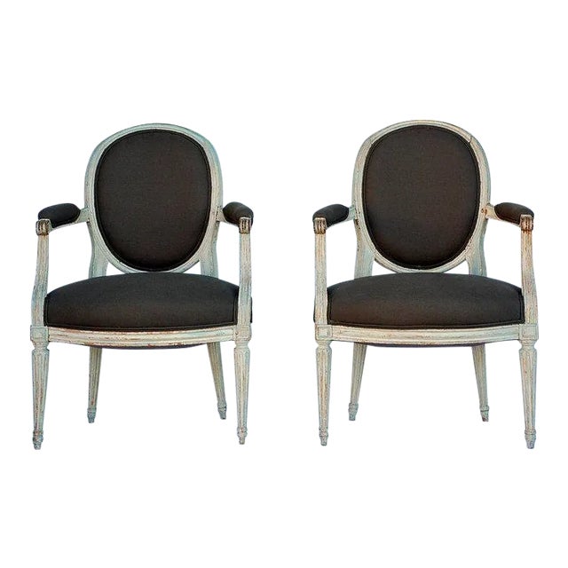 18th Century Period Louis XVI Whitewashed "Medaillon" Armchairs- A Pair For Sale