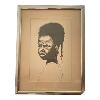 1970s Black Art Framed Black and White Portrait Drawing of a Young Person For Sale