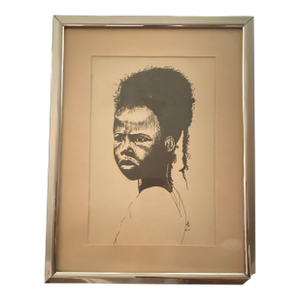 1970s Black Art Framed Black and White Portrait Drawing of a Young Person