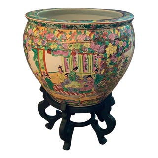 Chinese Porcelain Rose Medallion Fishbowl Planter With Stand For Sale