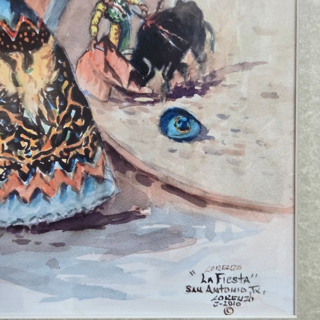 Lorenzo Castñeda 2010 "La Fiesta" Framed Watercolor 23"h X 19"w Beautiful Colorful Western Piece For Sale - Image 6 of 13