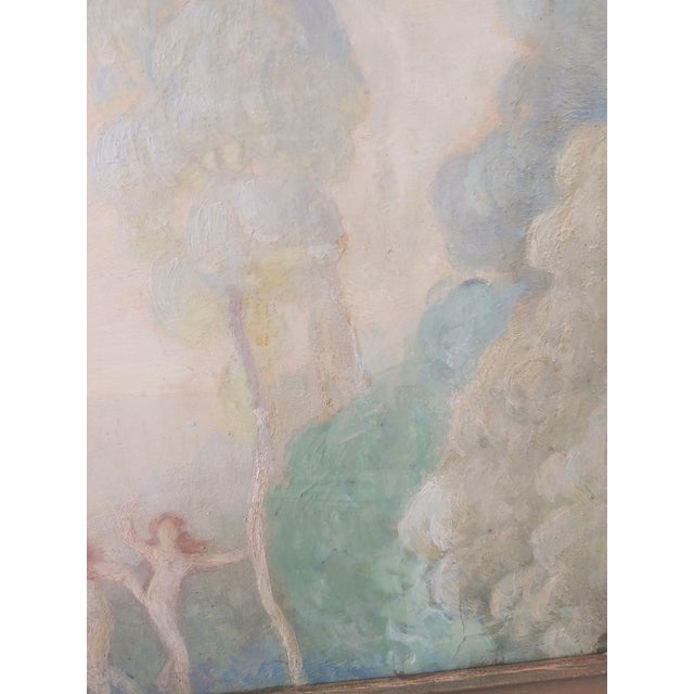 Here's a beautiful oil on artist board painting featuring wood nymphs dancing around a tree. The artist is William C....